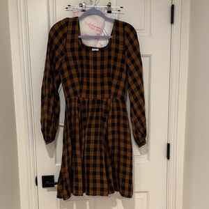 Son de Flor Warm Brown and Black Check Mini Carmen Dress, size XS